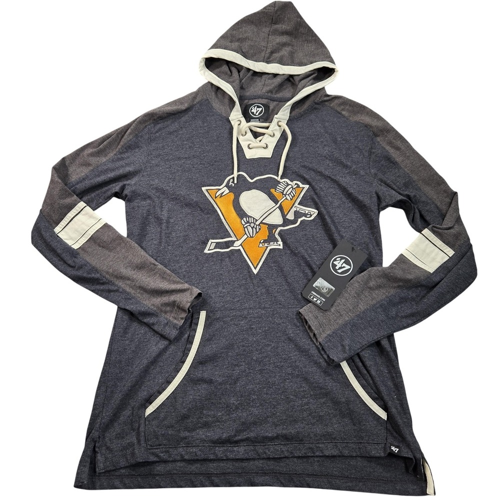 Pittsburgh Penguins Hoodie Mens Medium Gray NHL Hockey '47 Lace Up Pullover